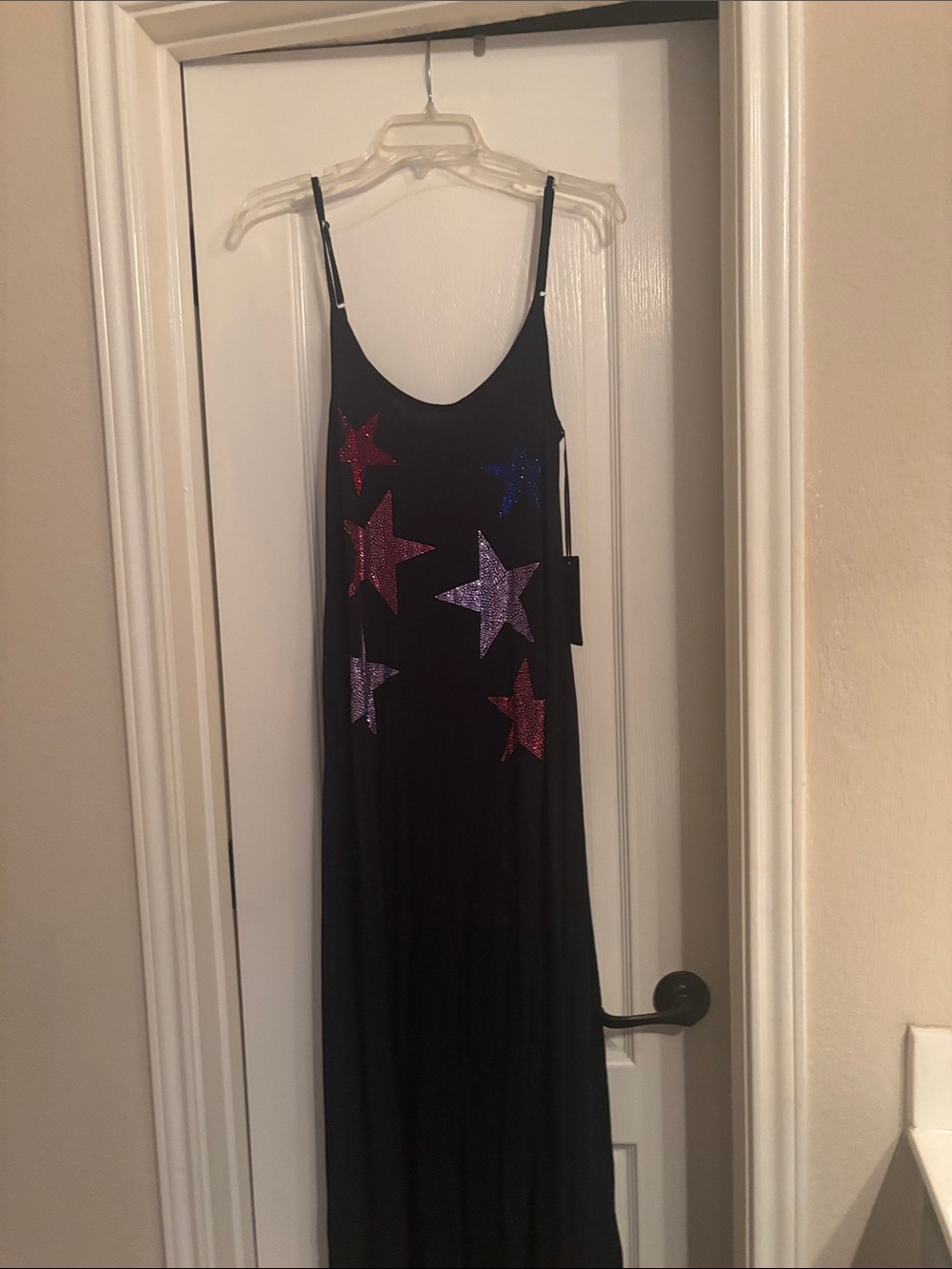 Lauren Moshi Black Maxi Dress with Red, Purple & Blue Star Embellishments